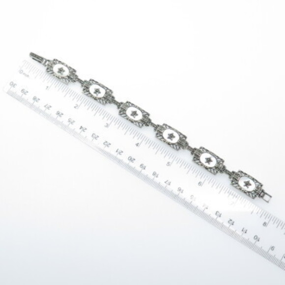 925 Sterling Silver Vintage Real MOP & Marcasite Star Oxidized Panel Bracelet 7